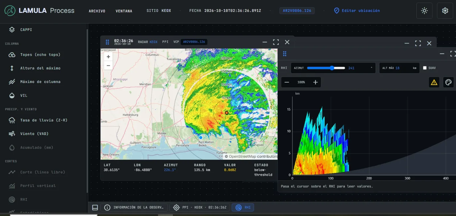 LAMULA Process with a NEXRAD Level-II volume loaded: on the left a reflectivity PPI over the Gulf coast, on the right a range-height cross-section along azimuth 241°.