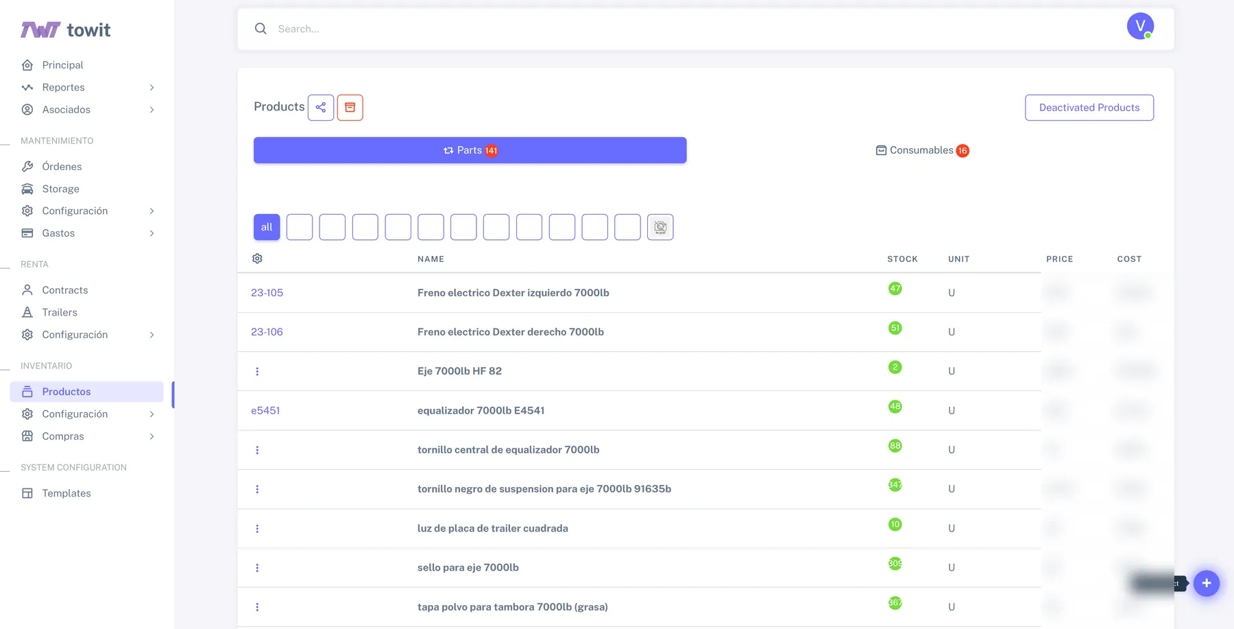 Inventory screen of the custom ERP built for Towit Houston: a parts list with stock levels, beside navigation for work orders, storage, rental contracts, trailers and purchasing.