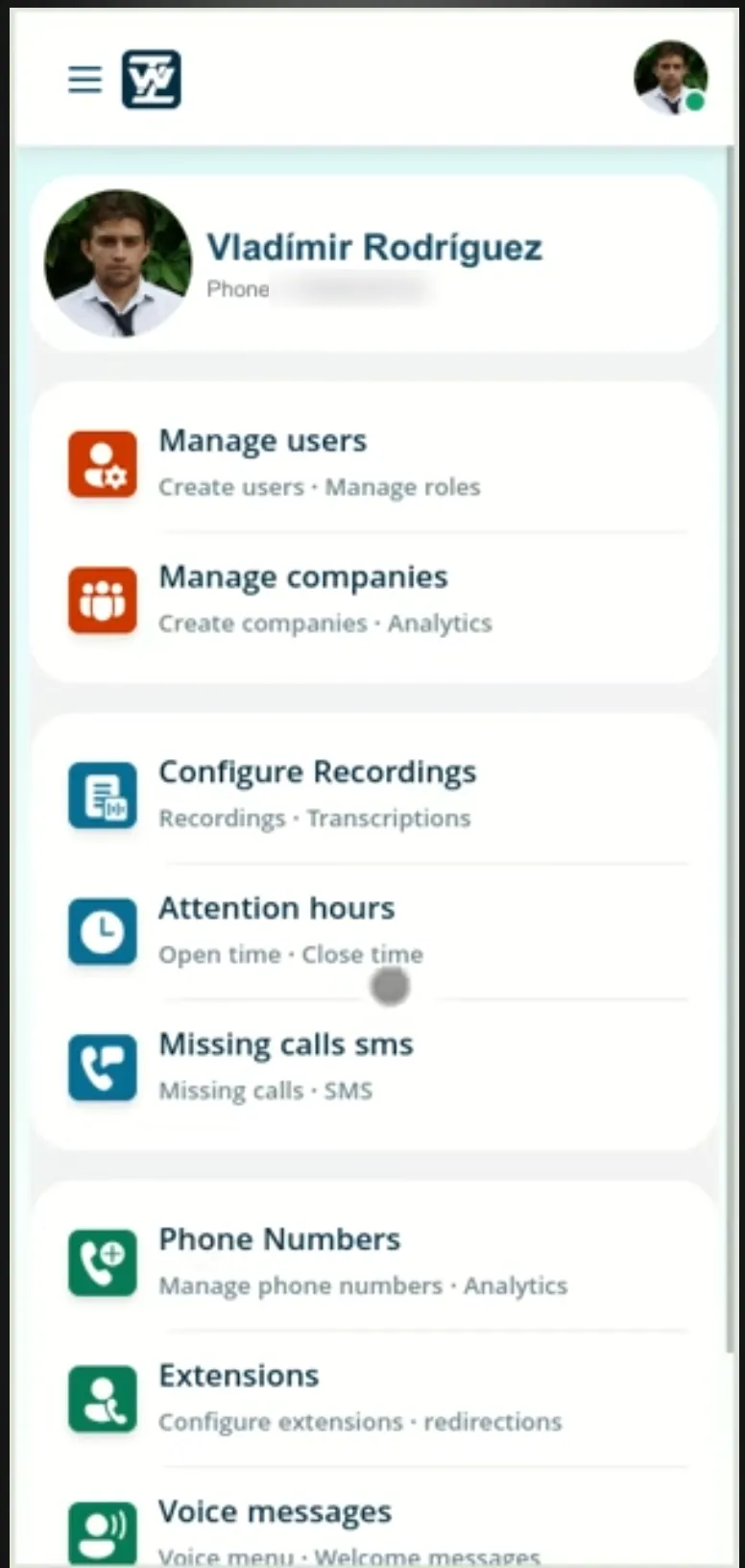 TowitLinks administration menu on a phone: manage users, manage companies, configure recordings and transcriptions, attention hours, missed-call SMS, phone numbers, extensions and voice messages.