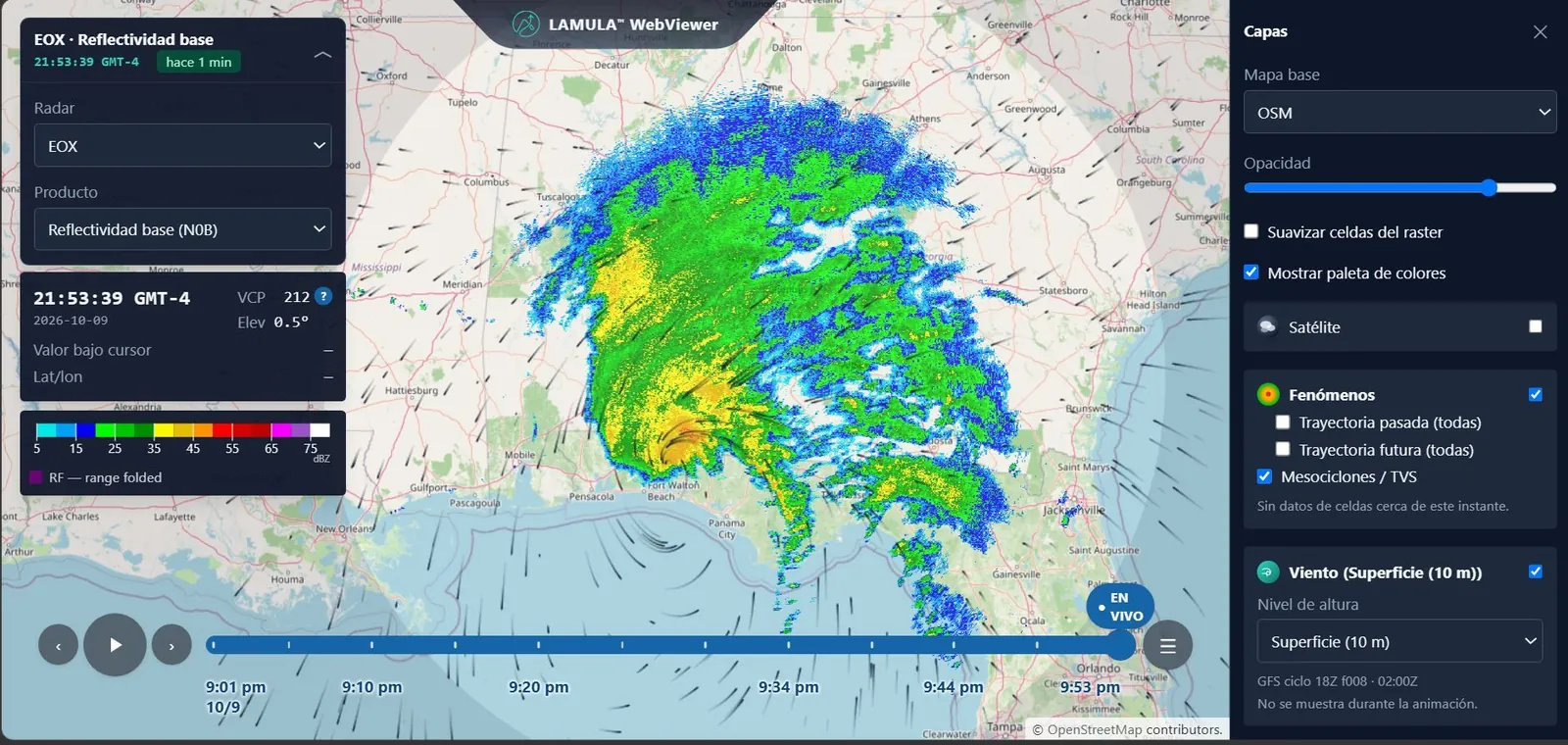 LAMULA WebViewer showing base reflectivity from the KEOX radar: a large precipitation system over the Gulf coast of Alabama, Georgia and Florida, with a dBZ colour scale and surface wind barbs.